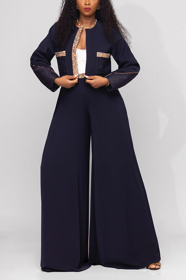 Stylish Patchwork Printed Jacket & Wide Leg Pants Set