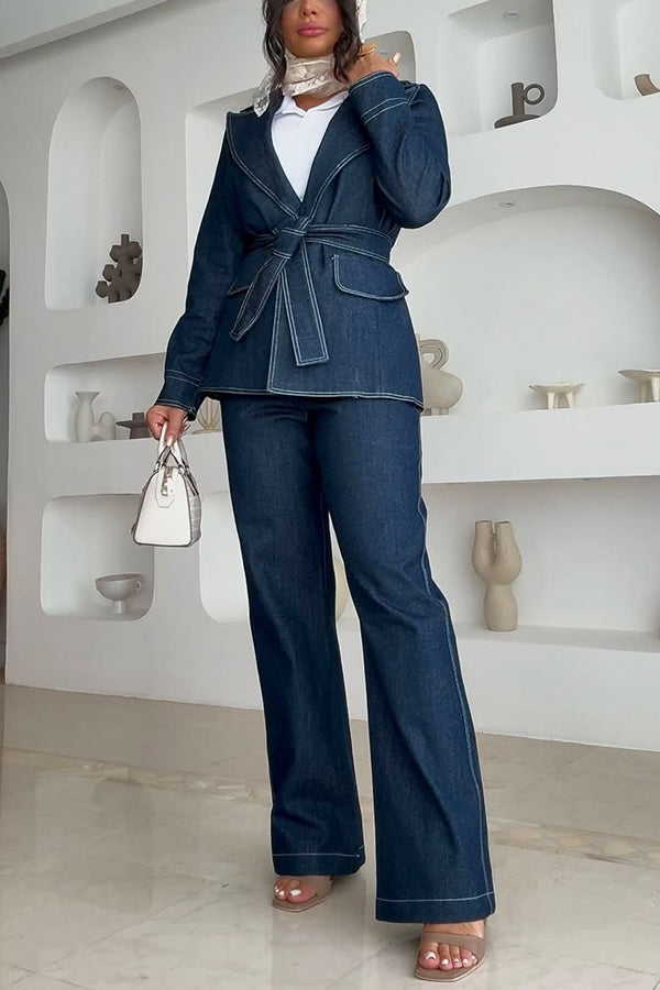 Stylish Belted Denim Jacket & Wide Leg Jeans Set