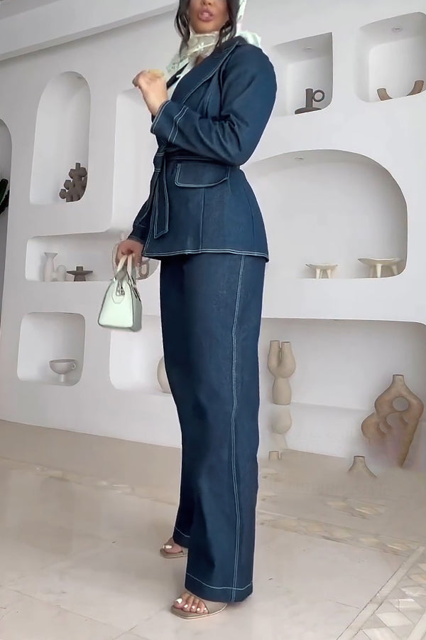 Stylish Belted Denim Jacket & Wide Leg Jeans Set