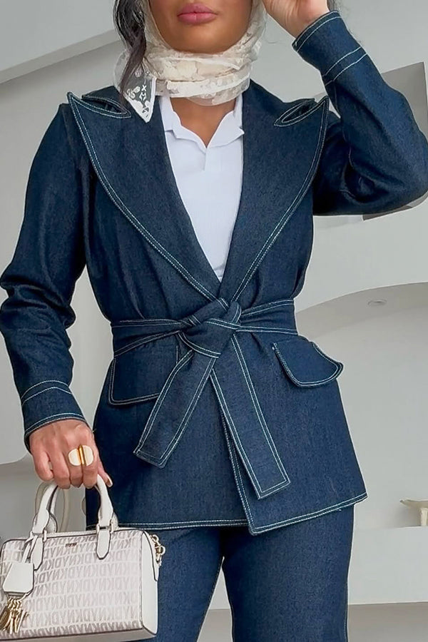 Stylish Belted Denim Jacket & Wide Leg Jeans Set