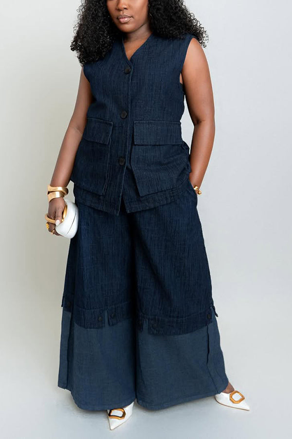 Casual Sleeveless Denim Top & Colorblock Wide Leg Jeans Set