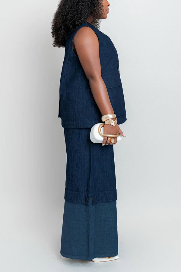 Casual Sleeveless Denim Top & Colorblock Wide Leg Jeans Set