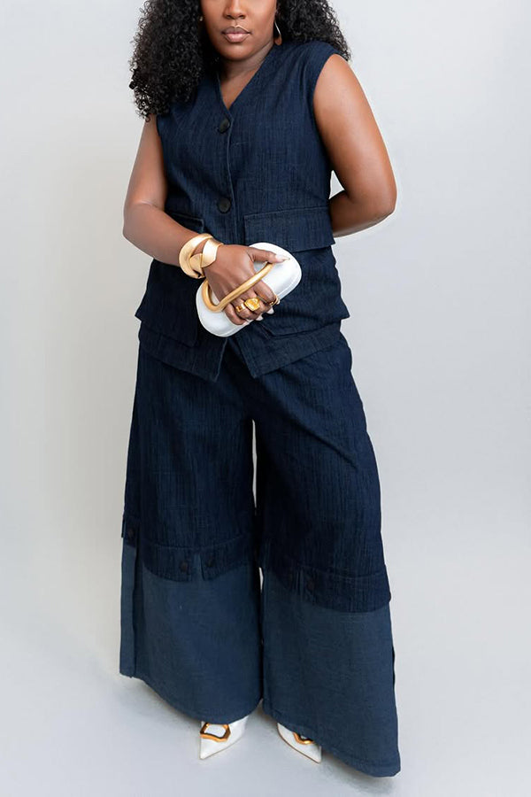 Casual Sleeveless Denim Top & Colorblock Wide Leg Jeans Set