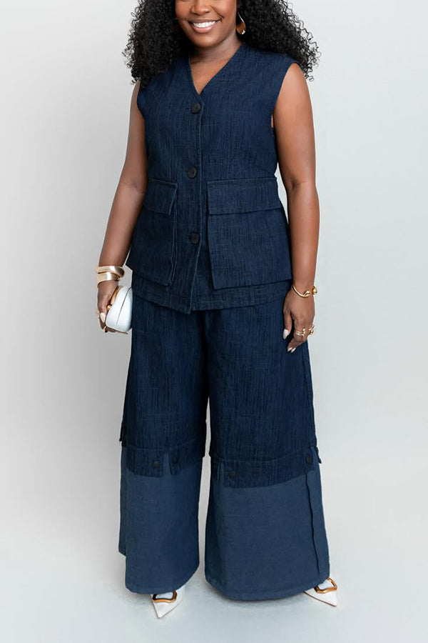 Casual Sleeveless Denim Top & Colorblock Wide Leg Jeans Set