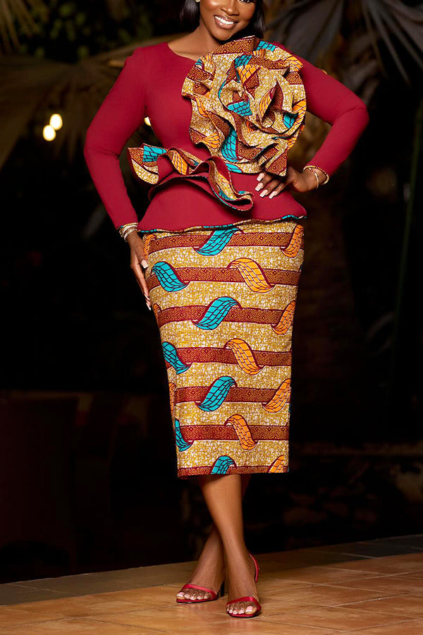 Attractive Ruffled Patchwork Top & Graphic Print Skirt Set