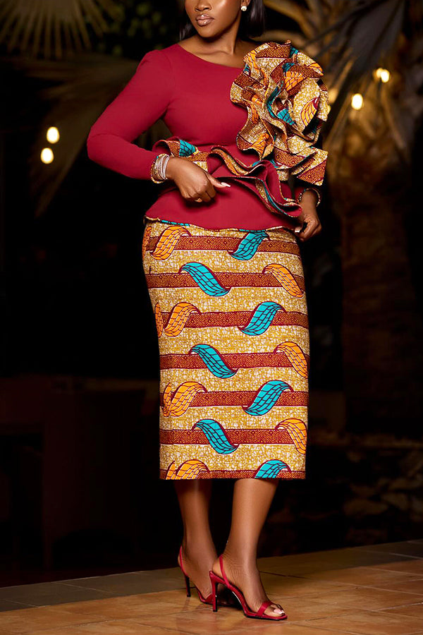 Attractive Ruffled Patchwork Top & Graphic Print Skirt Set