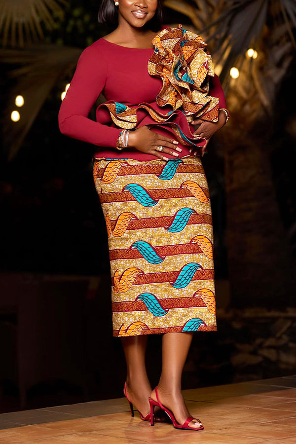 Attractive Ruffled Patchwork Top & Graphic Print Skirt Set