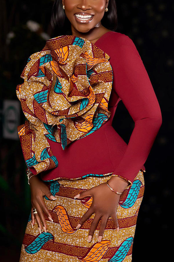 Attractive Ruffled Patchwork Top & Graphic Print Skirt Set