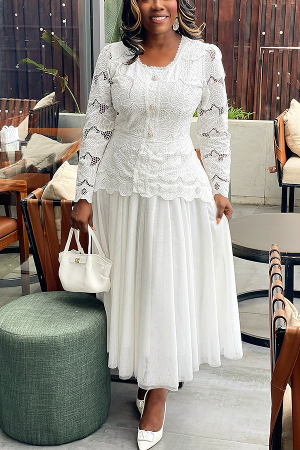 Elegant Lace Floral Embroidered Top & Ruffled Skirt Set