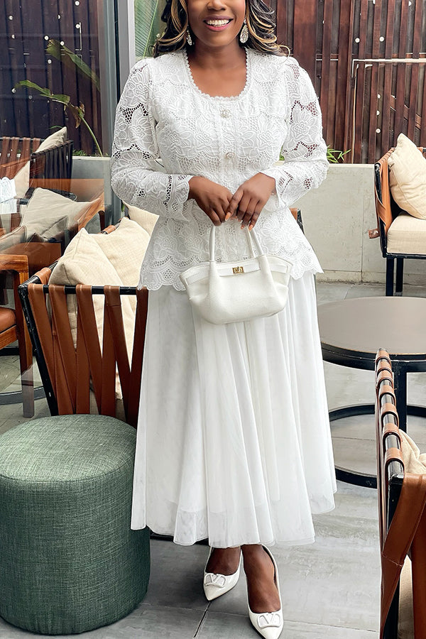 Elegant Lace Floral Embroidered Top & Ruffled Skirt Set