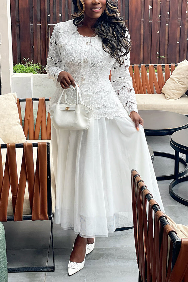 Elegant Lace Floral Embroidered Top & Ruffled Skirt Set