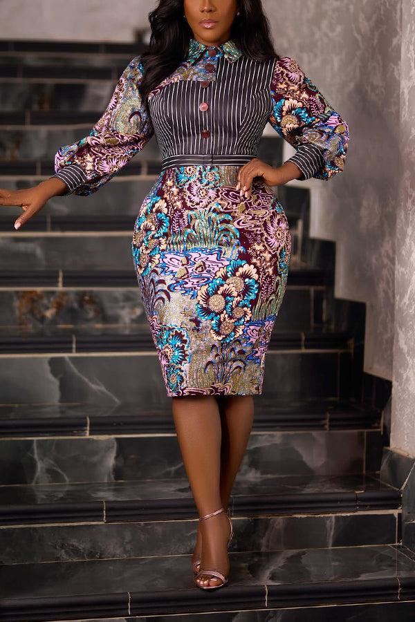 Vintage Striped Nature Print Midi Dress
