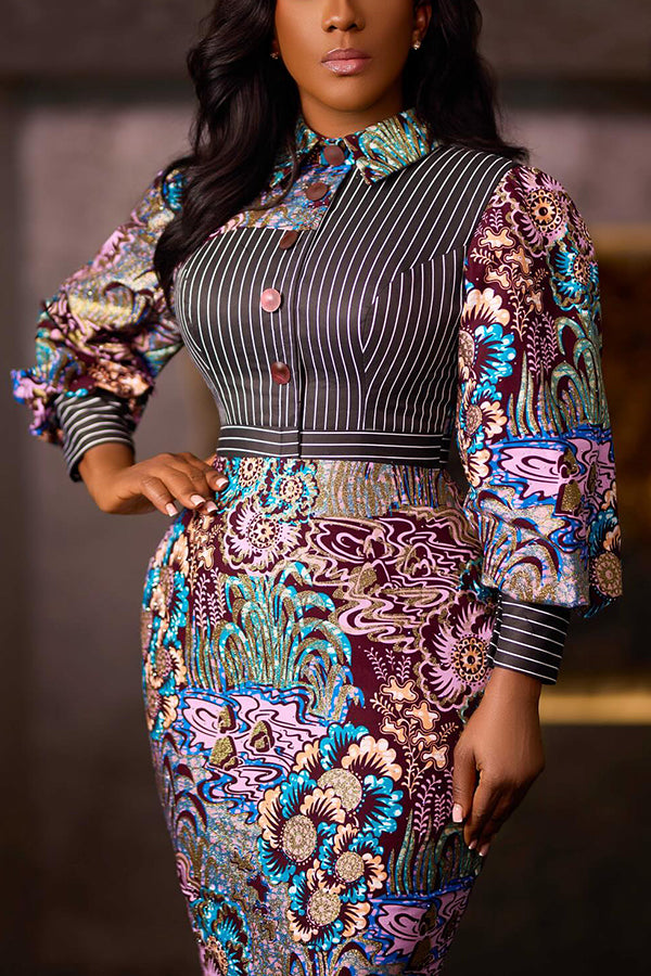 Vintage Striped Nature Print Midi Dress