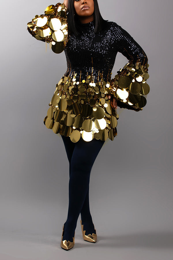Stylish Sequin Patchwork Flare Sleeve Mini Dress