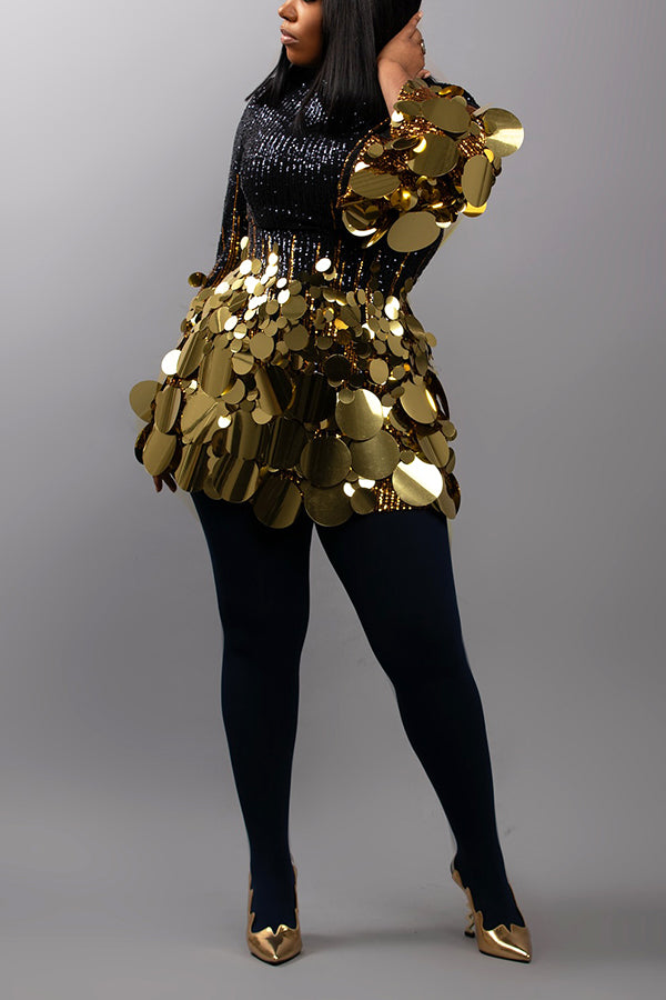 Stylish Sequin Patchwork Flare Sleeve Mini Dress