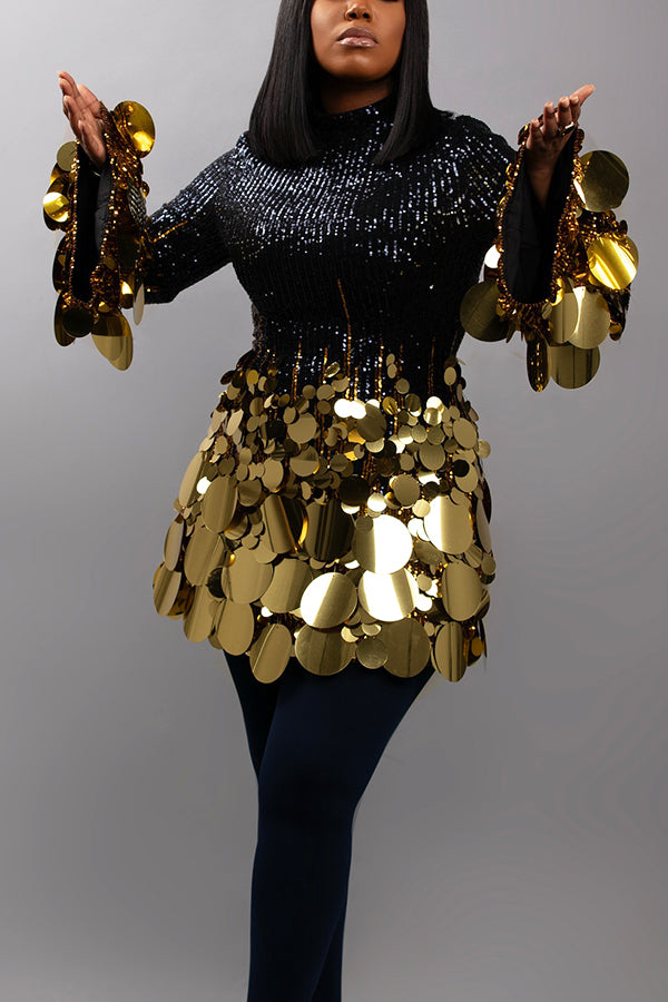 Stylish Sequin Patchwork Flare Sleeve Mini Dress