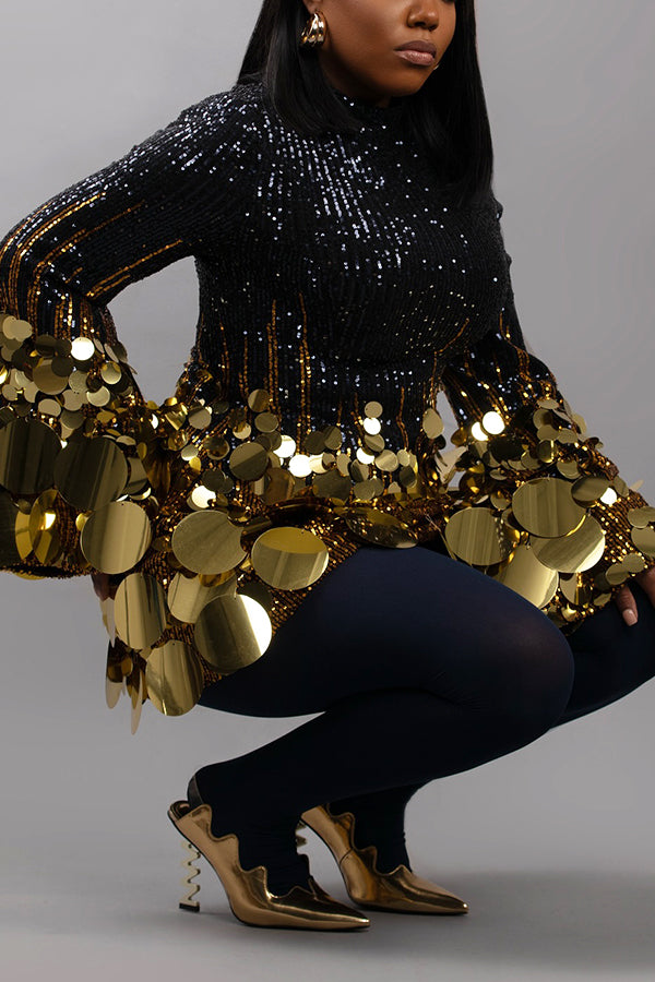 Stylish Sequin Patchwork Flare Sleeve Mini Dress