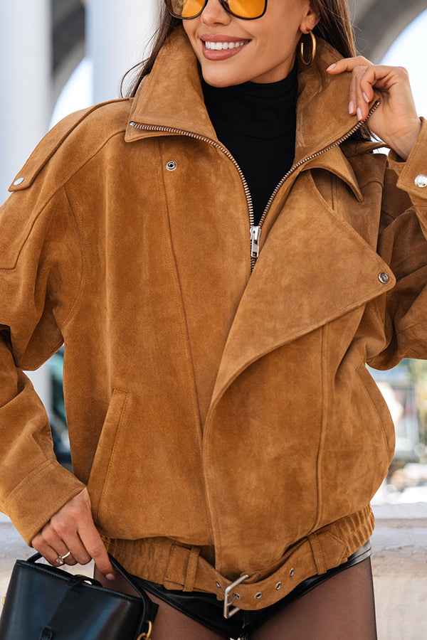 Stylish Lapel Patchwork Belted Suede Jacket