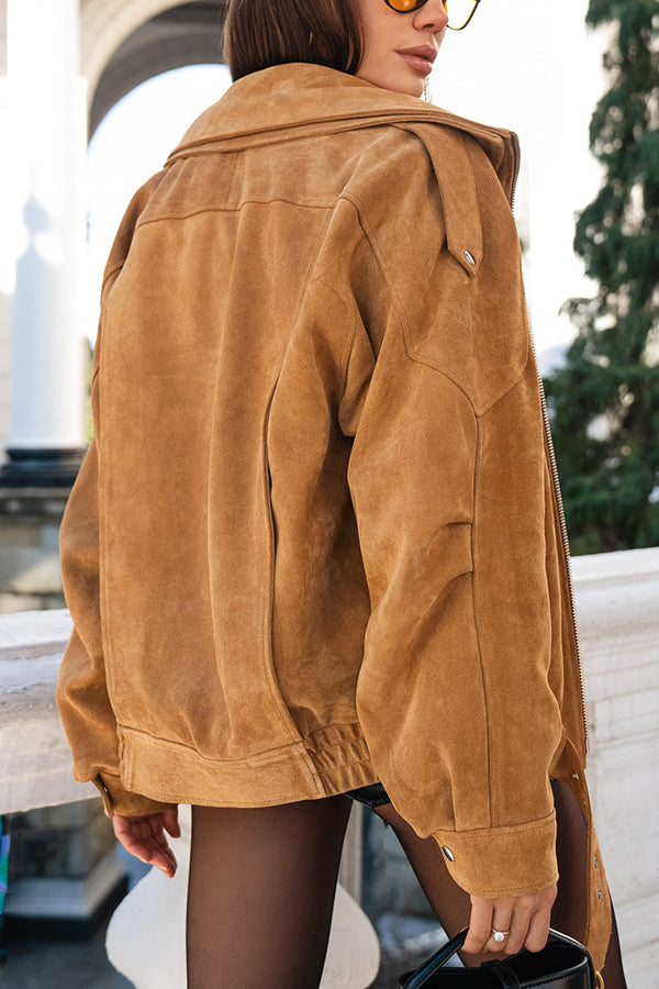 Stylish Lapel Patchwork Belted Suede Jacket