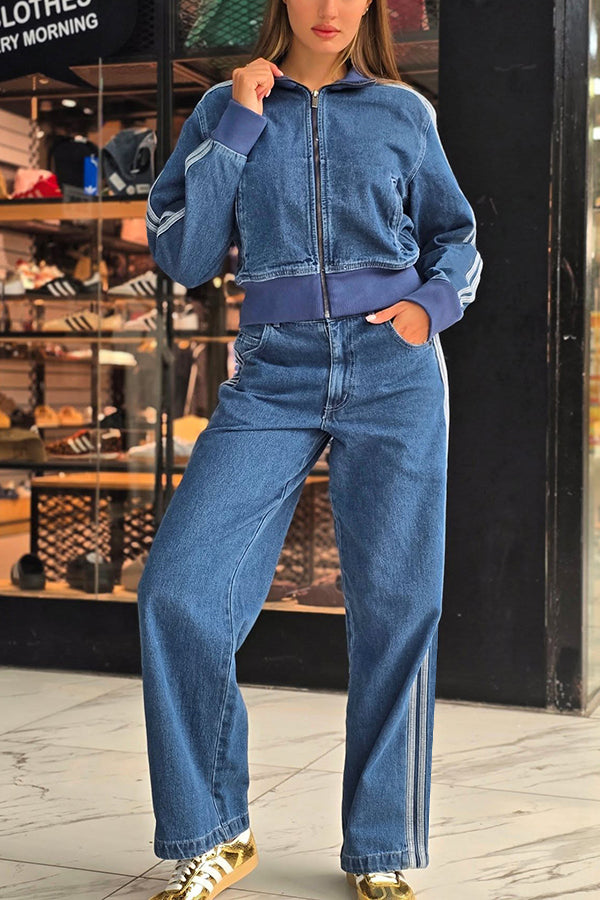 Street Style Colorblock Denim Jacket & Straight Jeans Set