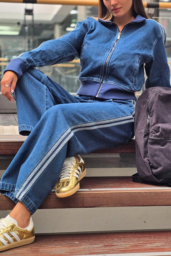 Street Style Colorblock Denim Jacket & Straight Jeans Set