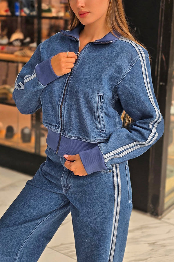 Street Style Colorblock Denim Jacket & Straight Jeans Set