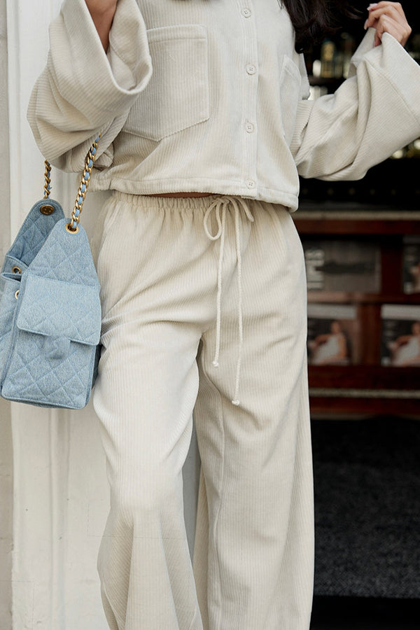 Cozy Corduroy Jacket & Drawstring Wide Leg Pants Set