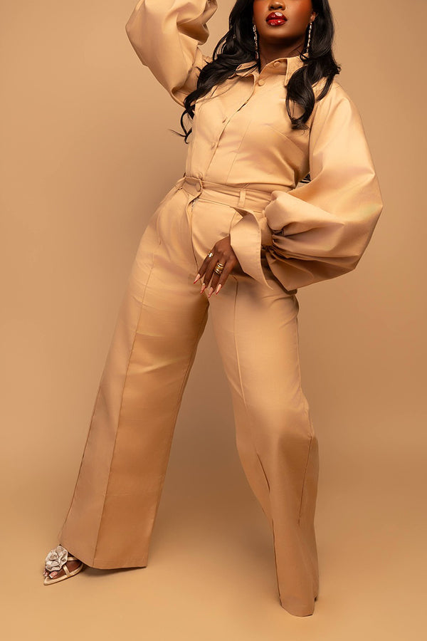Stylish Lantern Sleeve Shirt & Wide Leg Pants Set