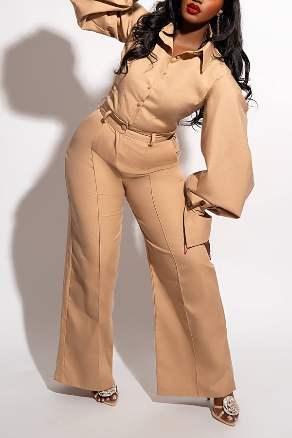 Stylish Lantern Sleeve Shirt & Wide Leg Pants Set