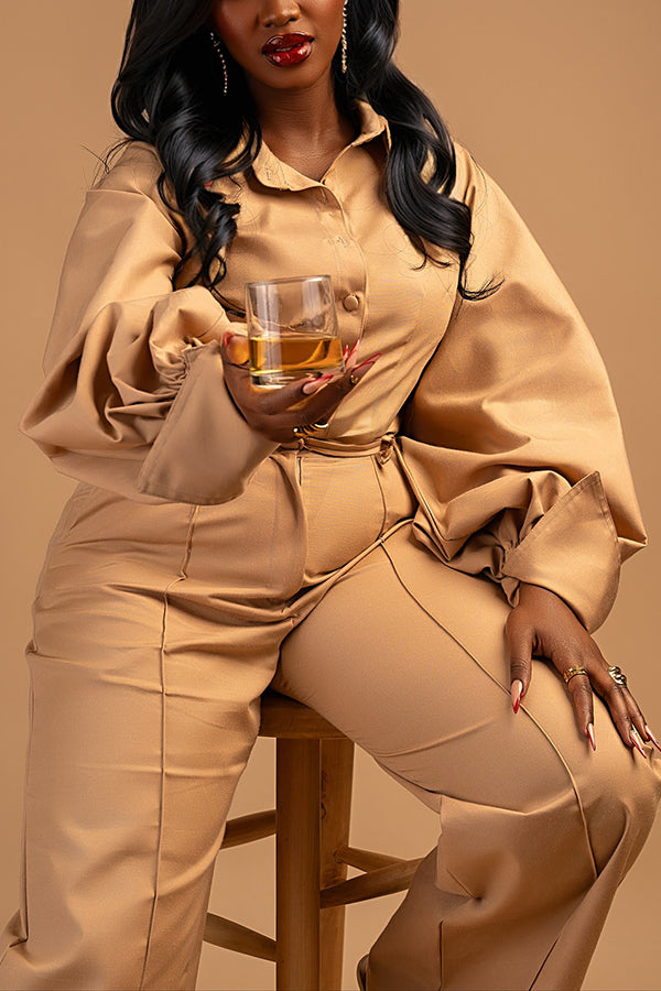 Stylish Lantern Sleeve Shirt & Wide Leg Pants Set