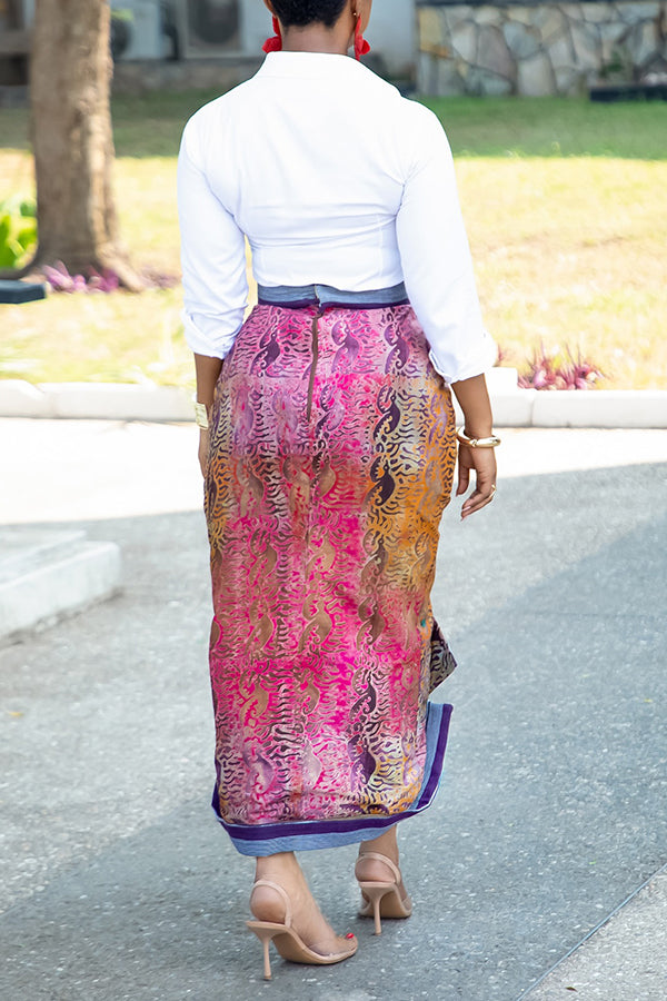 Elegant Shirt & Floral Print Slit Skirt Set