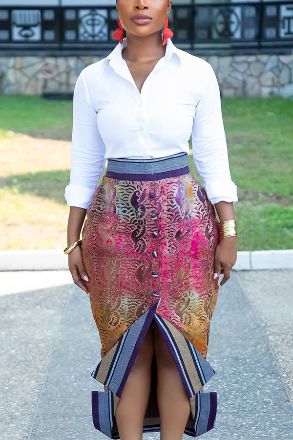 Elegant Shirt & Floral Print Slit Skirt Set