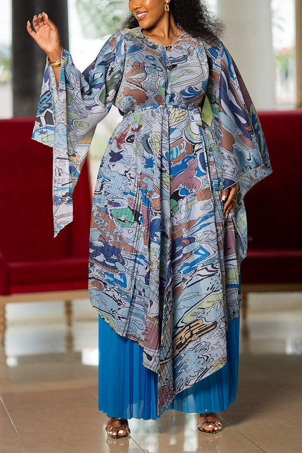 Stylish Nature Print Top & Pleated Skirt Set