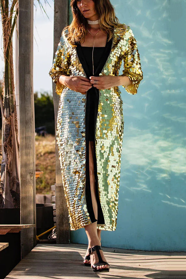 Stylish Gold Sequined Long Sleeve Cardigan