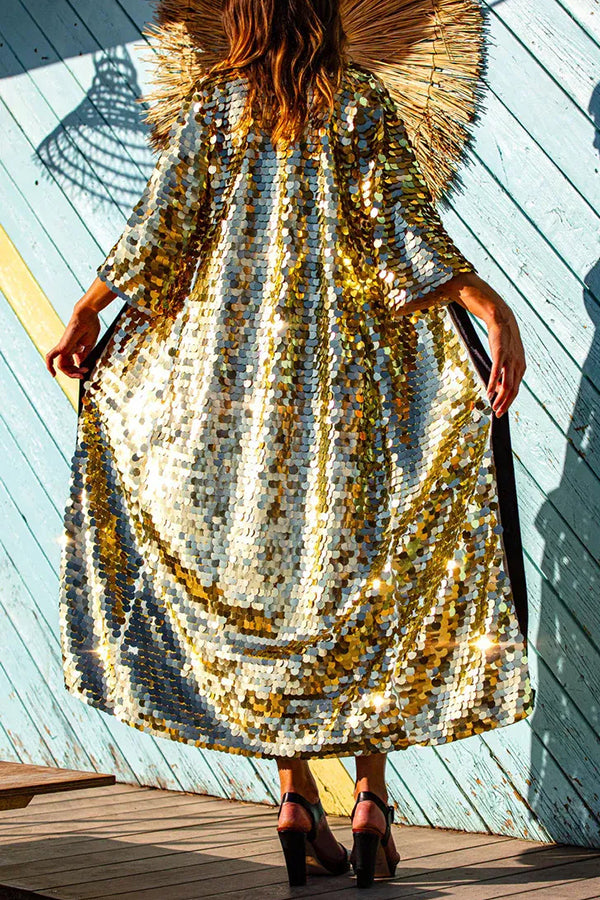 Stylish Gold Sequined Long Sleeve Cardigan