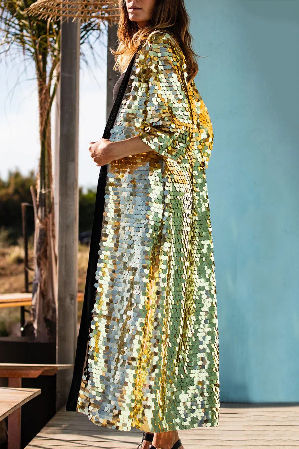 Stylish Gold Sequined Long Sleeve Cardigan