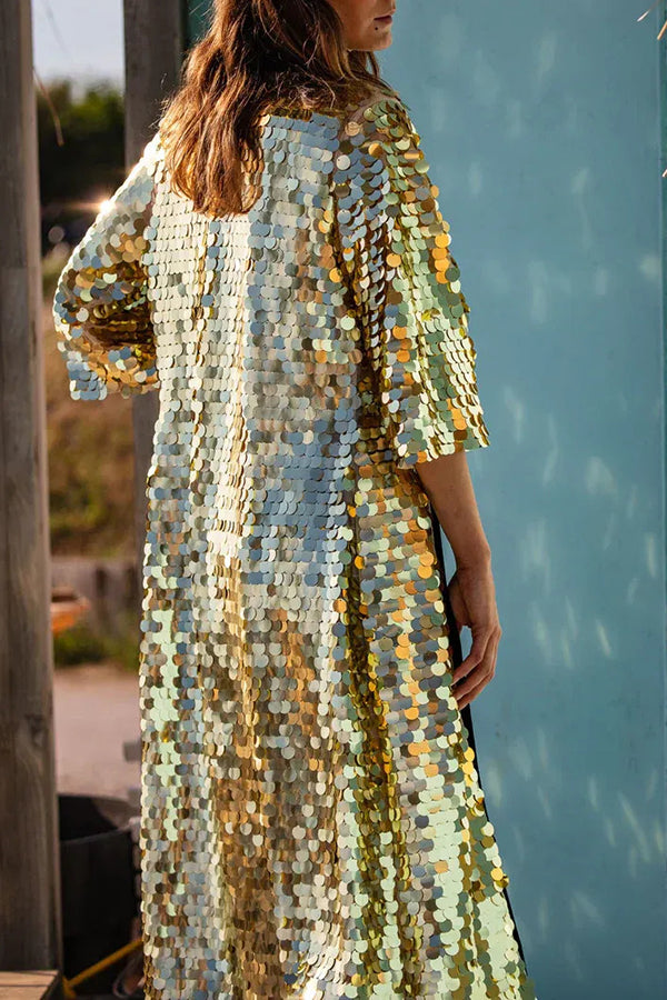 Stylish Gold Sequined Long Sleeve Cardigan