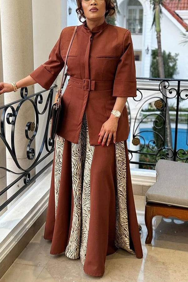 Chic Belted Top & Tiger Skin Print Pants Set