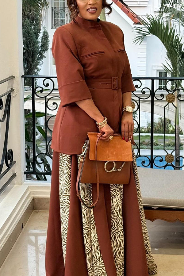 Chic Belted Top & Tiger Skin Print Pants Set