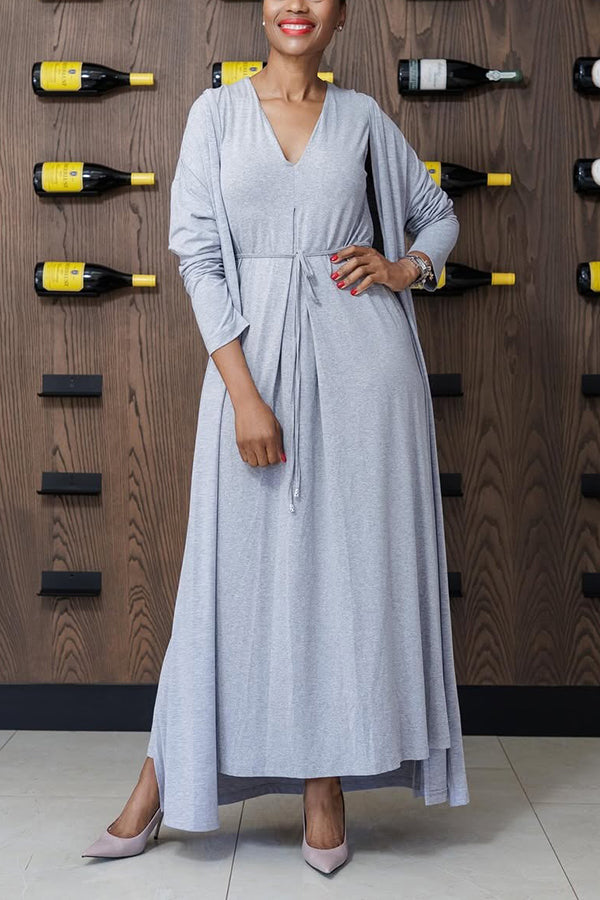 Elegant Solid Long Cardigan & Drawstring Dress Set
