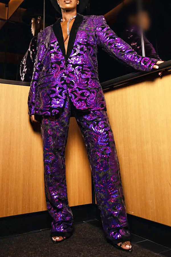 Stylish Sequin Graphic Print Blazer & Pants Set