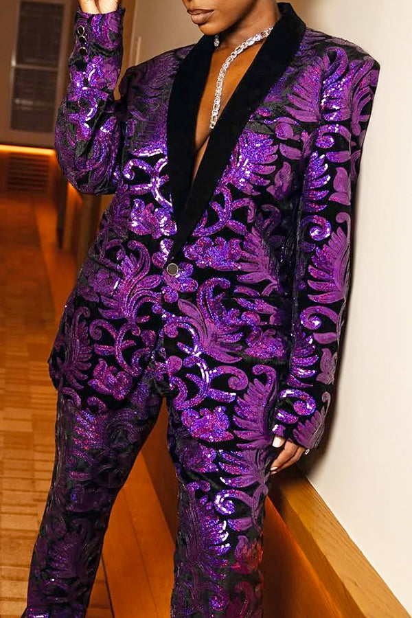 Stylish Sequin Graphic Print Blazer & Pants Set