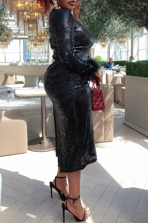 Sequin Fuzzy Trim Bodycon Midi Dress