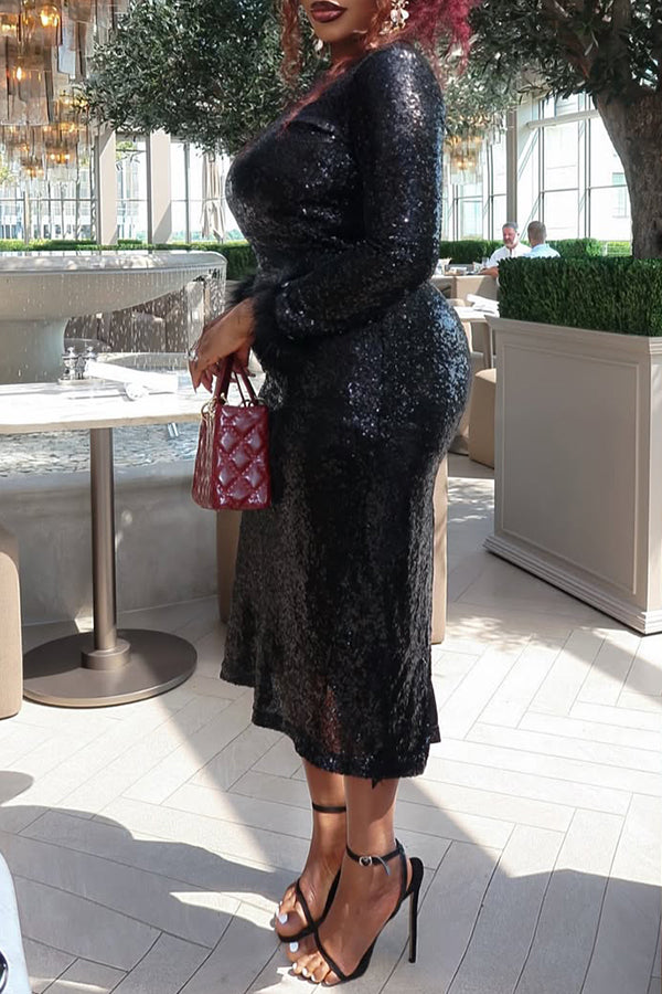 Sequin Fuzzy Trim Bodycon Midi Dress