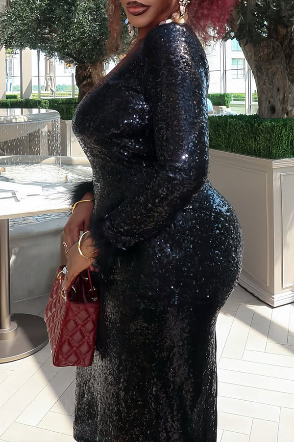 Sequin Fuzzy Trim Bodycon Midi Dress