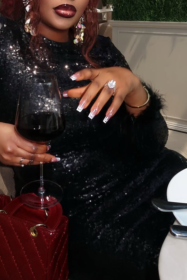 Sequin Fuzzy Trim Bodycon Midi Dress