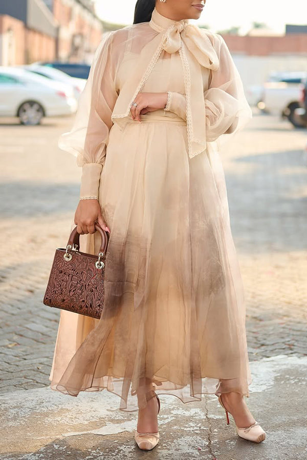 Chic Tie Neck Lantern Sleeve Dress