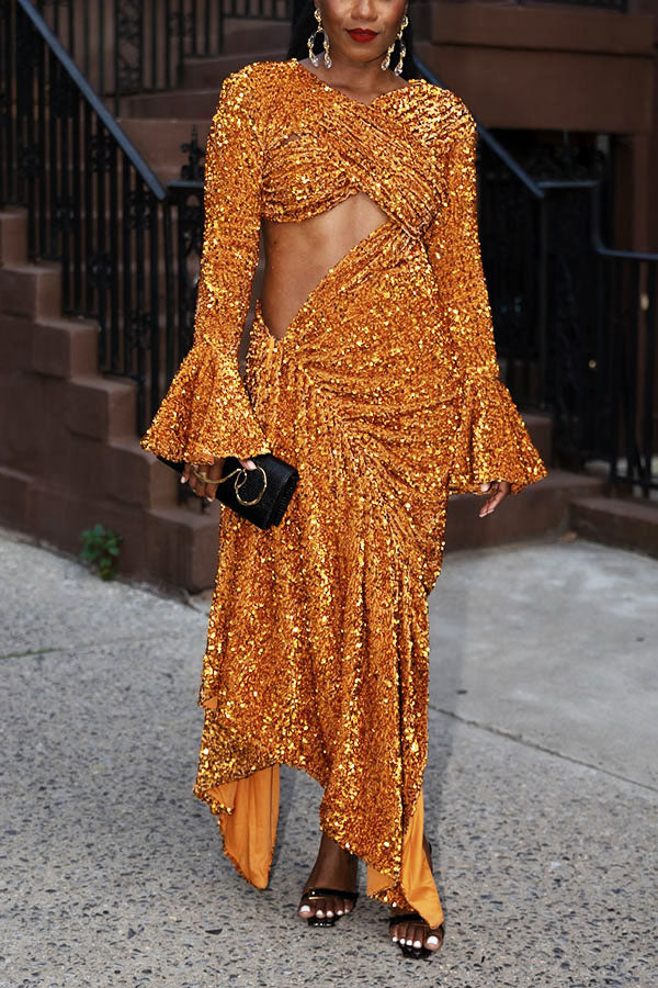 Gorgeous Trumpet Sleeve Asymmetrical Hem Dress