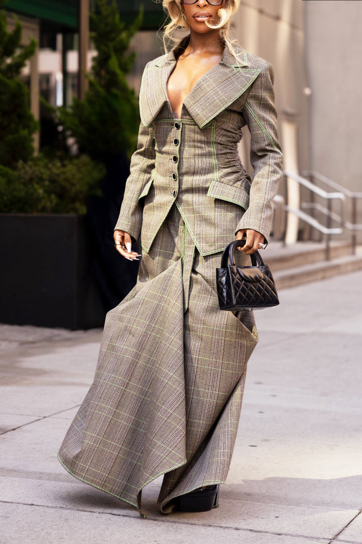 Stylish Plaid Peak Collar Blazer & Skirt Set