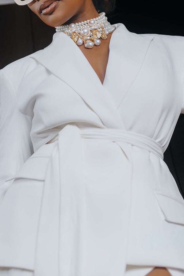 Elegant Solid Belted Blazer & Skirt Set
